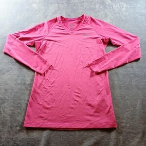 Nike Pro Combat Dri-FIT Shirt Womens Medium Pink Long Sleeve V-Neck Fitted Tee